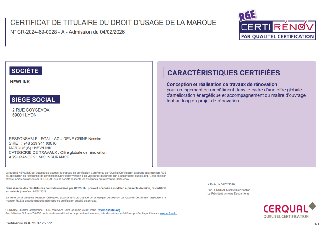 certificat RGE Certirenov Newlink